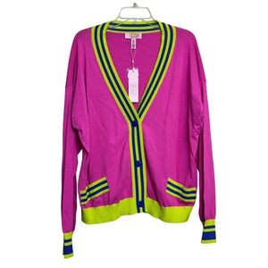 VICTOR GLEMAUD Pink Neon Blue Stripe Colorblock Cardigan Sweater Women's 2X